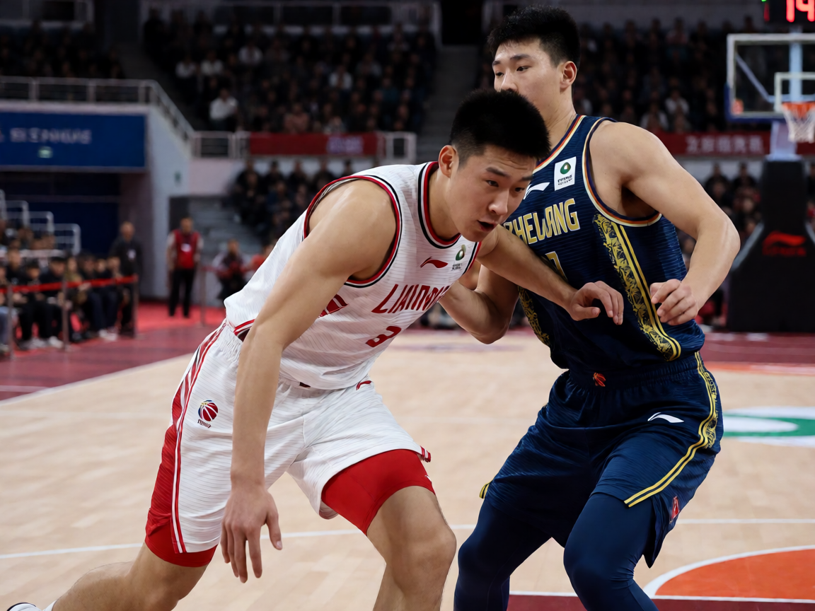 CBA篮球比赛中球员对抗拼抢的画面